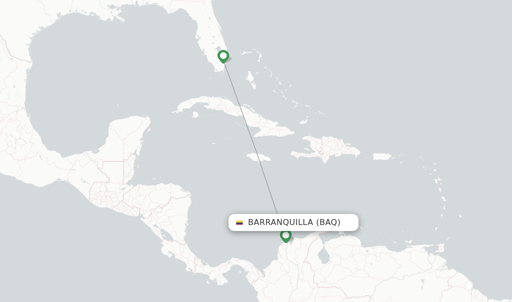 Route map with flights from Barranquilla with American Airlines