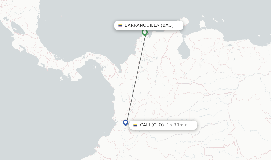 Flights from Barranquilla to Cali route map