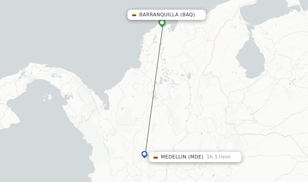 Flights from Barranquilla to Medellin route map