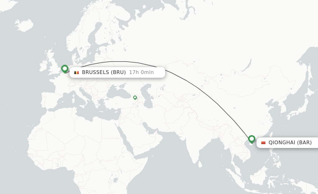 Flights from Qionghai to Brussels route map