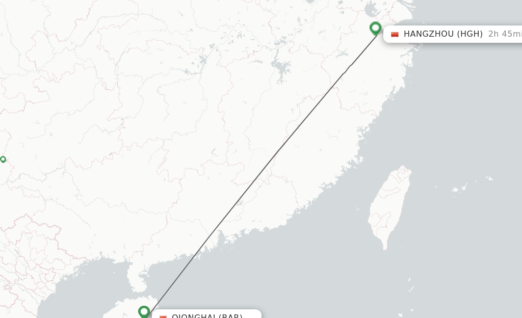 Flights from Qionghai to Hangzhou route map