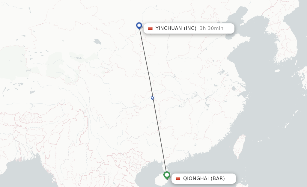Flights from Qionghai to Yinchuan route map