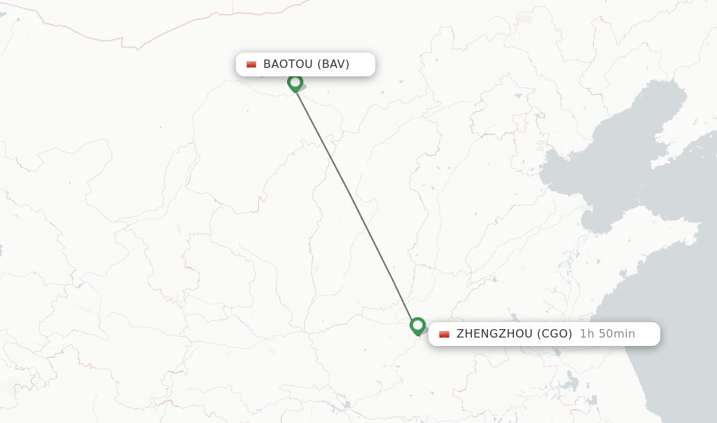Flights from Baotou to Zhengzhou route map