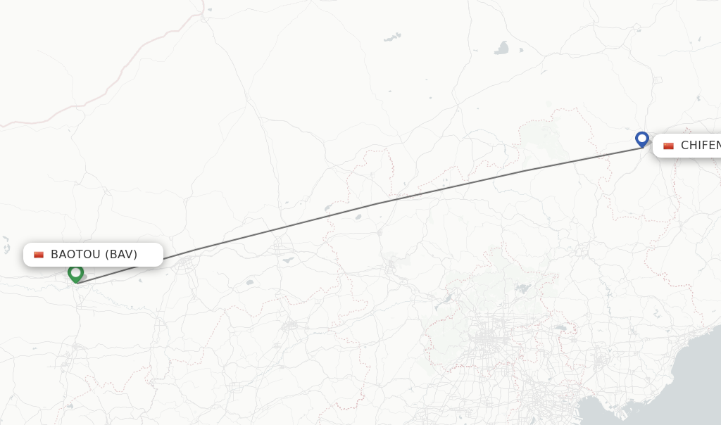 Flights from Baotou to Chifeng route map