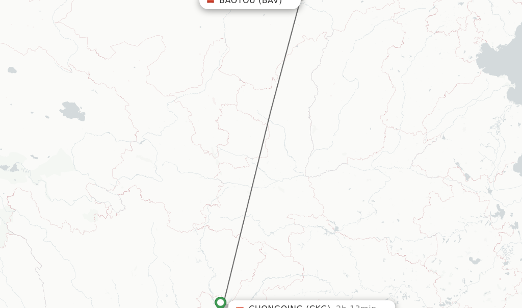 Flights from Baotou to Chongqing route map
