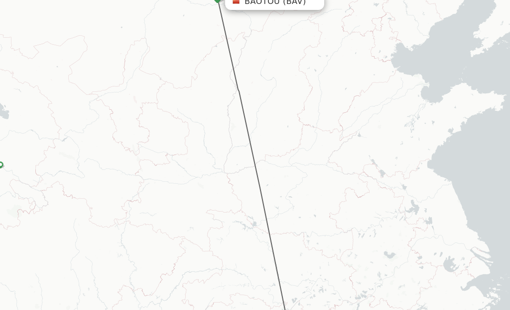 Flights from Baotou to Changsha route map