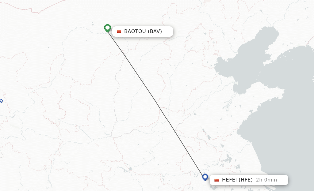 Flights from Hefei to Baotou route map