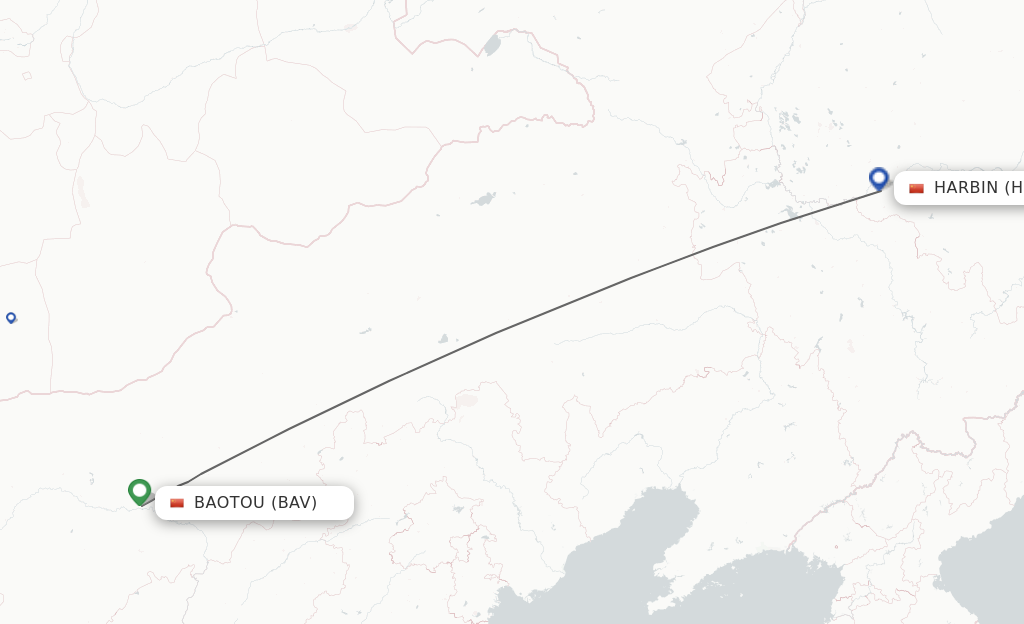 Flights from Harbin to Baotou route map