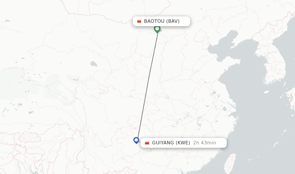 Flights from Baotou to Guiyang route map