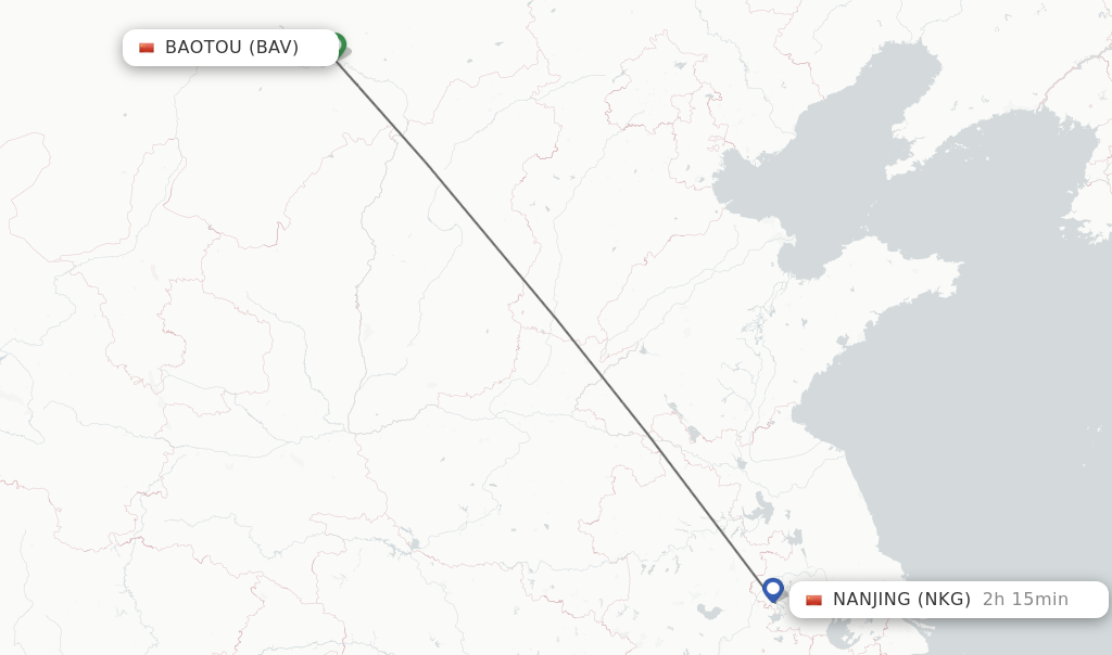 Flights from Baotou to Nanjing route map
