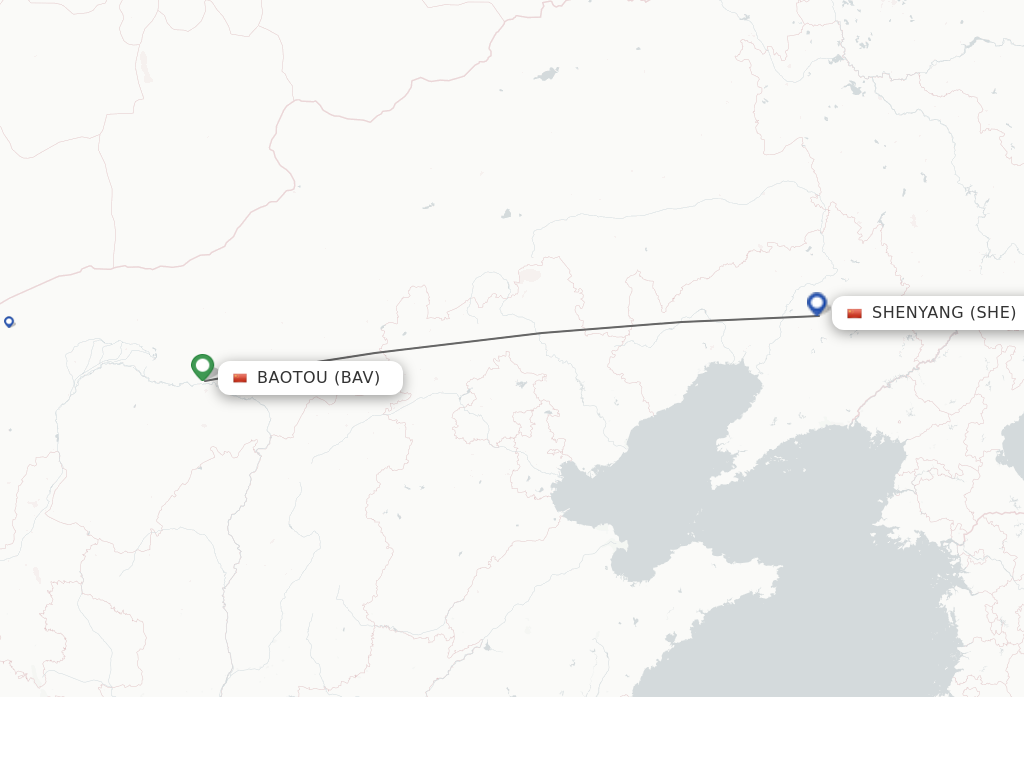 Flights from Baotou to Shenyang route map