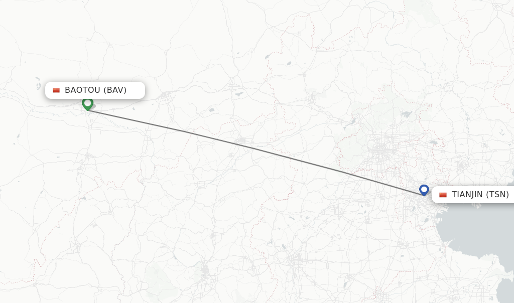 Flights from Baotou to Tianjin route map