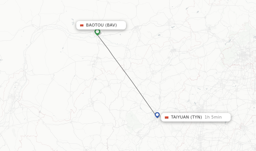 Flights from Baotou to Taiyuan route map