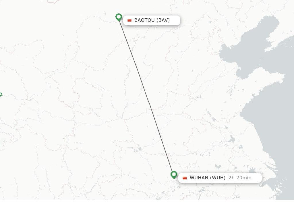 Flights from Baotou to Wuhan route map