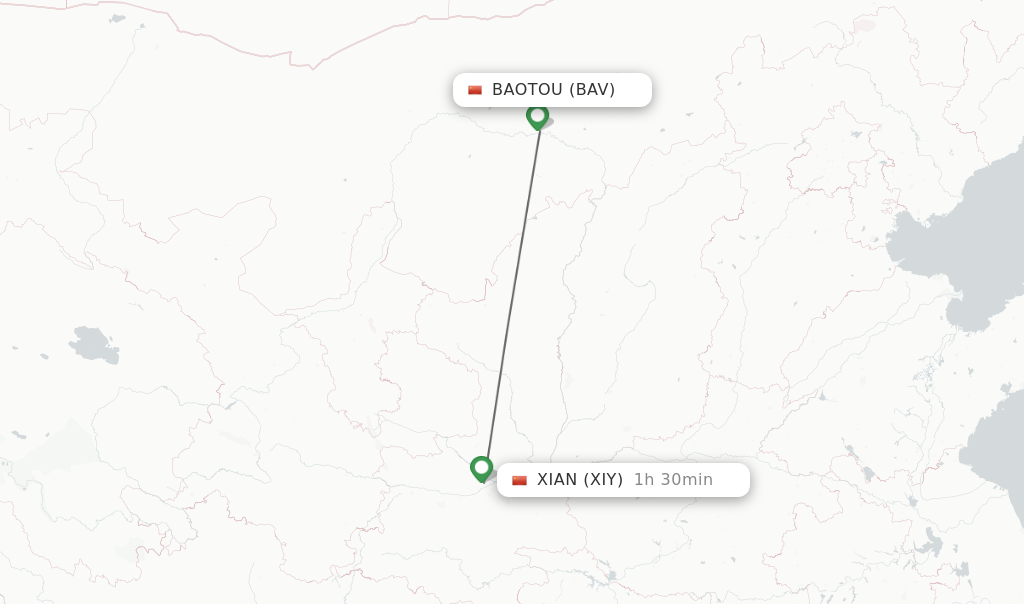 Flights from Baotou to Xian route map