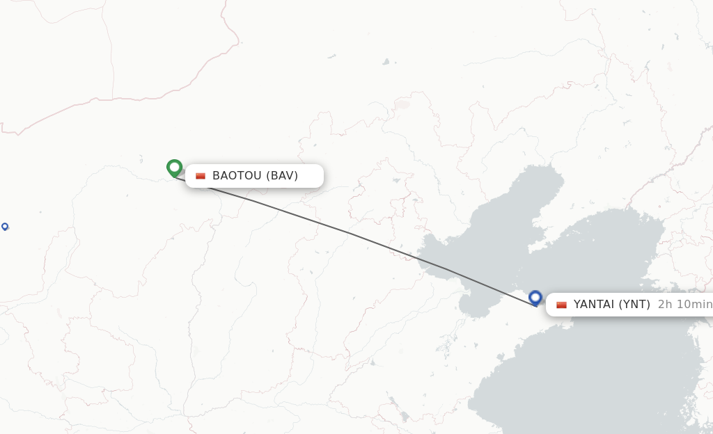 Flights from Baotou to Yantai route map