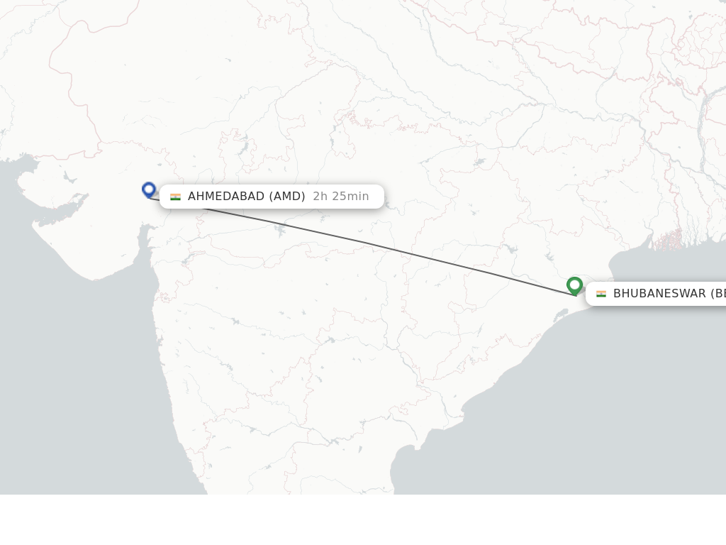 Flights from Bhubaneswar to Ahmedabad route map