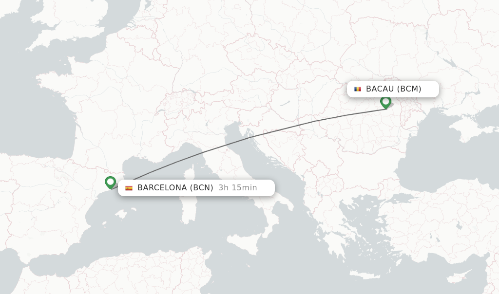 Flights from Bacau to Barcelona route map