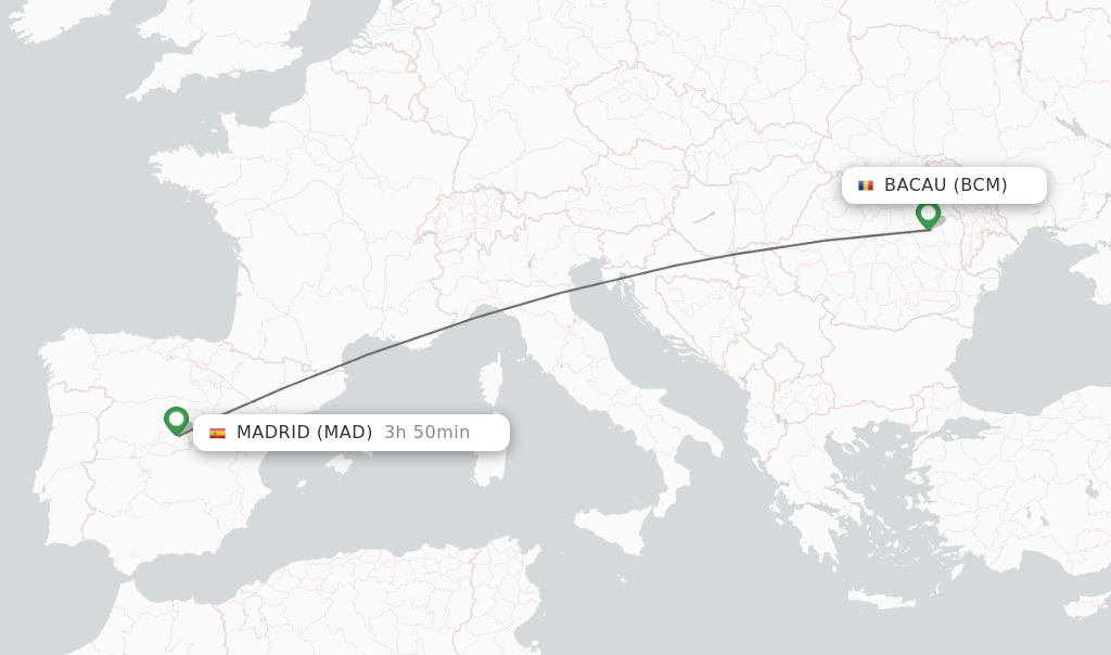 Flights from Bacau to Madrid route map