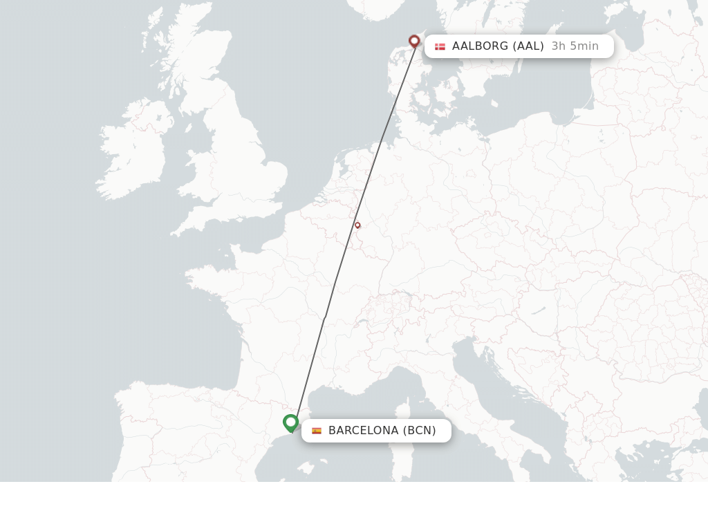 Flights from Barcelona to Aalborg route map