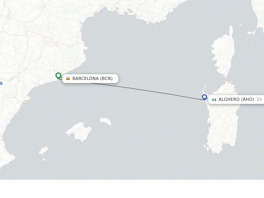 Flights from Barcelona to Alghero route map