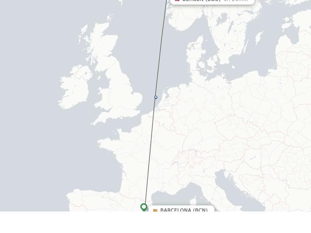 Flights from Barcelona to Bergen route map