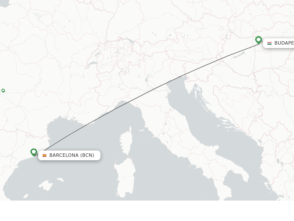 Flights from Barcelona to Budapest route map
