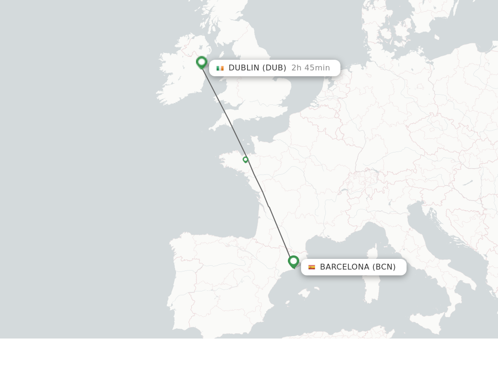 Flights from Barcelona to Dublin route map