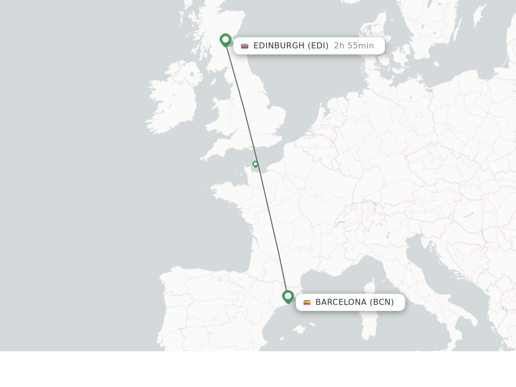 Flights from Barcelona to Edinburgh route map