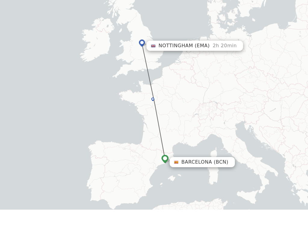 Flights from Barcelona to Leicestershire route map