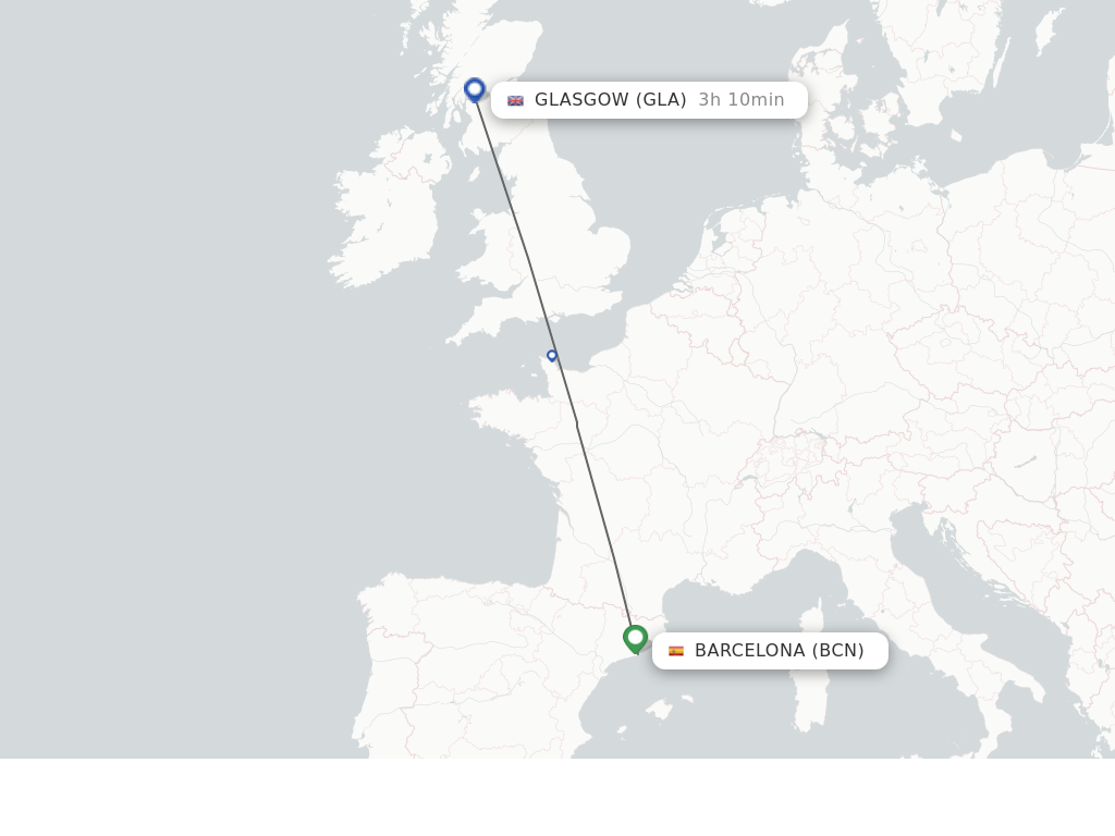 Flights from Barcelona to Glasgow route map