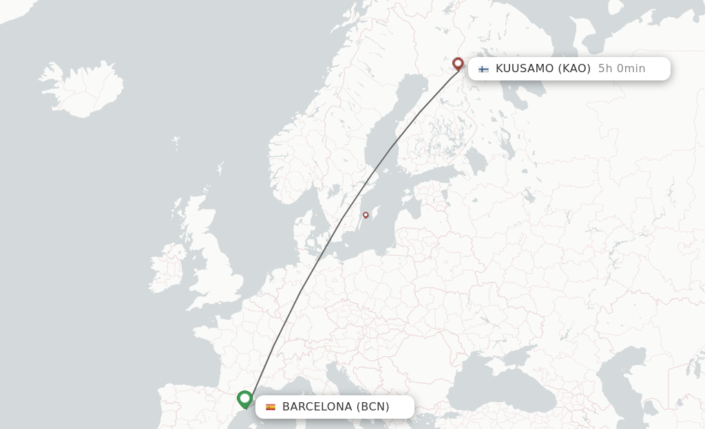 Flights from Barcelona to Kuusamo route map