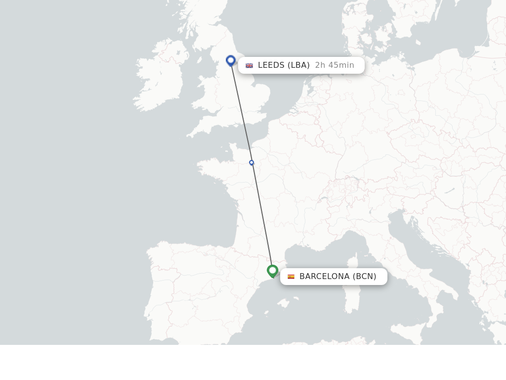 Flights from Barcelona to Leeds route map