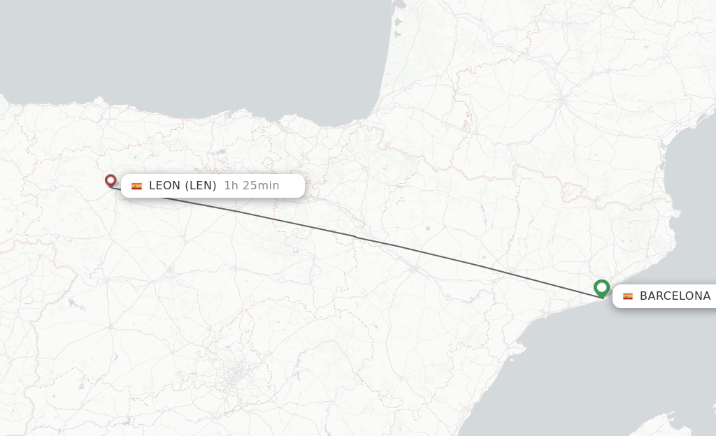 Flights from Barcelona to Leon route map