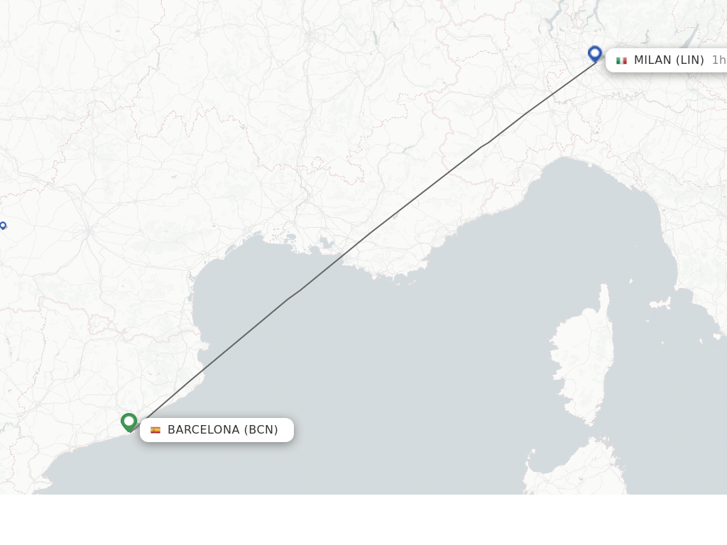 Flights from Barcelona to Milan route map