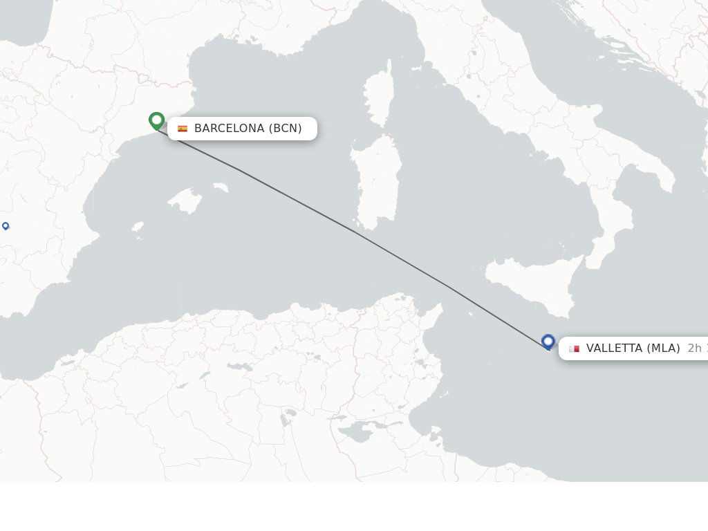 Flights from Valletta to Barcelona route map