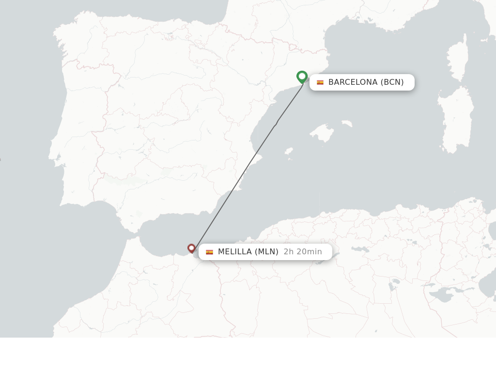 Flights from Barcelona to Melilla route map