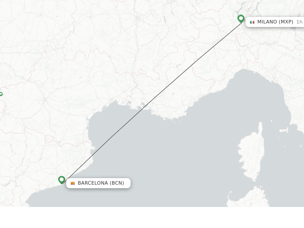 Flights from Barcelona to Milan route map
