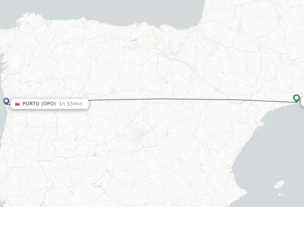 Flights from Barcelona to Porto route map