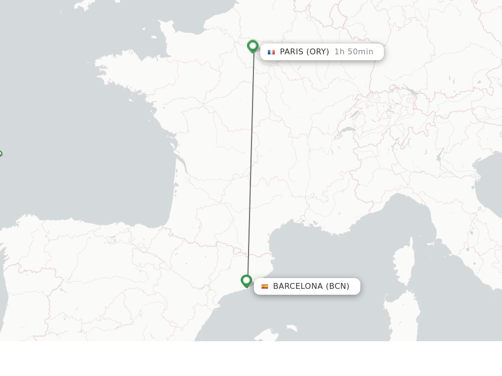 Flights from Barcelona to Paris route map