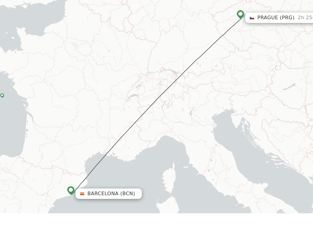 Flights from Prague to Barcelona route map