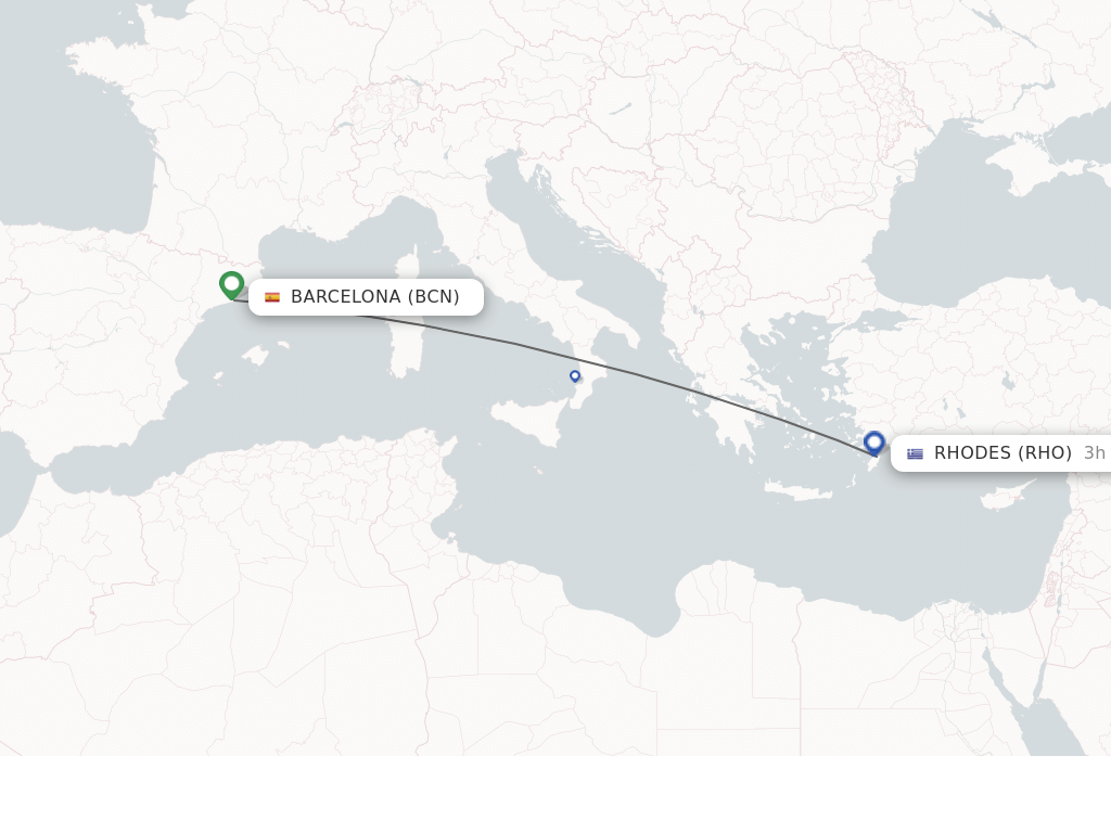Flights from Rhodes to Barcelona route map