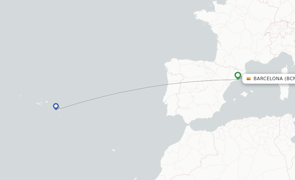 Route map with flights from Barcelona with Azores Airlines