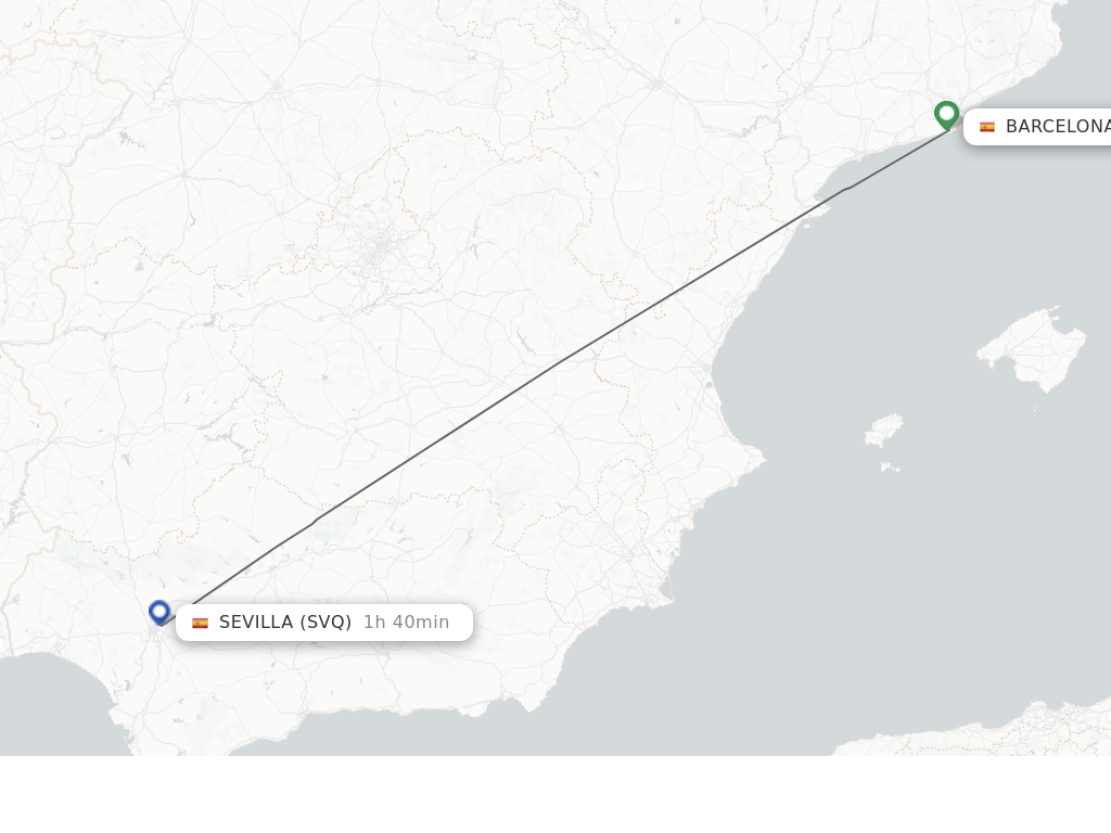 Flights from Barcelona to Sevilla route map