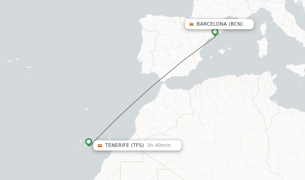 Flights from Barcelona to Tenerife route map