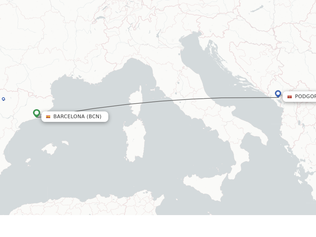 Flights from Podgorica to Barcelona route map