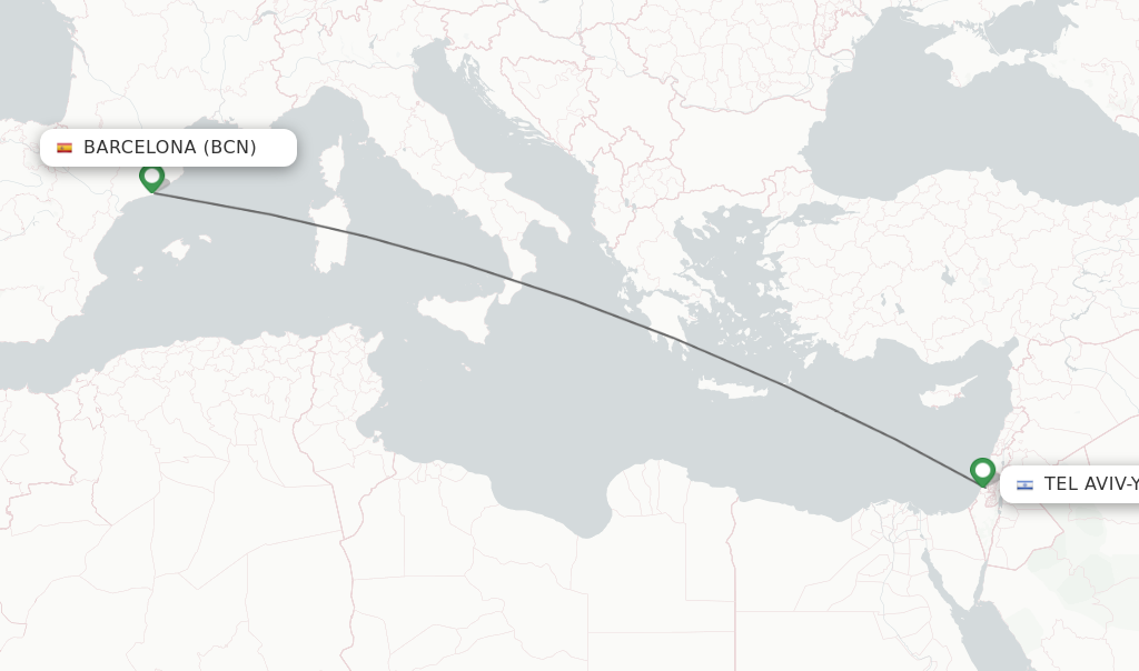Flights from Barcelona to Tel Aviv-Yafo route map