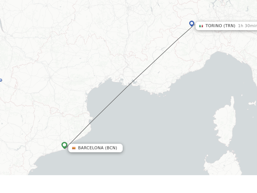 Flights from Barcelona to Turin route map