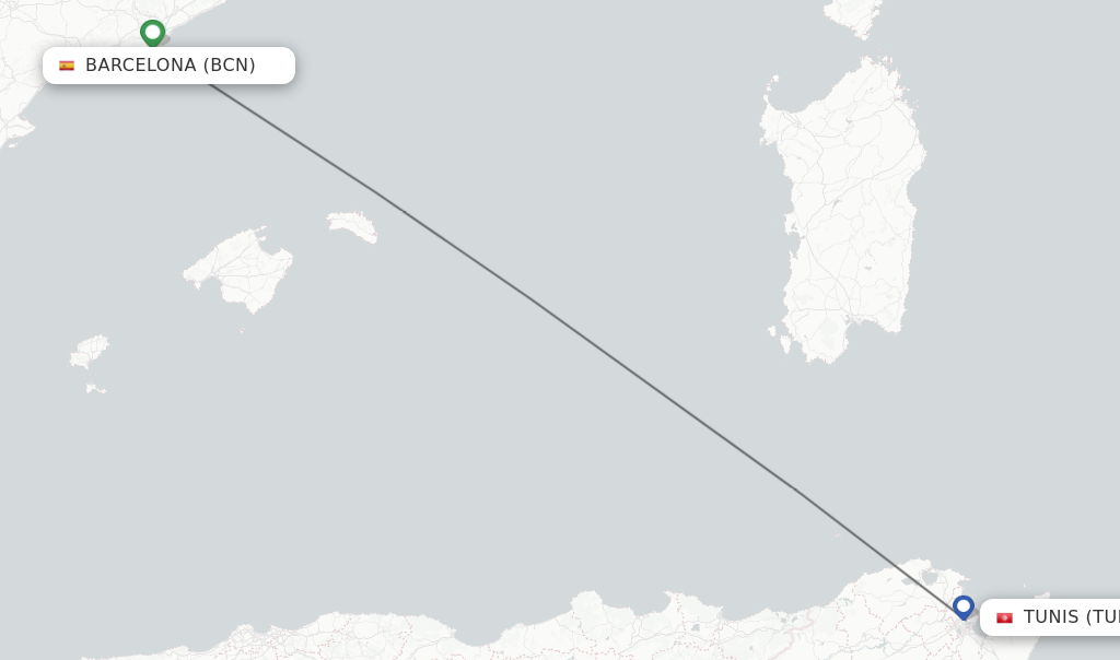 Flights from Barcelona to Tunis route map