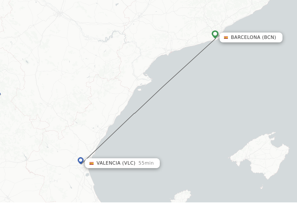 Flights from Barcelona to Valencia route map